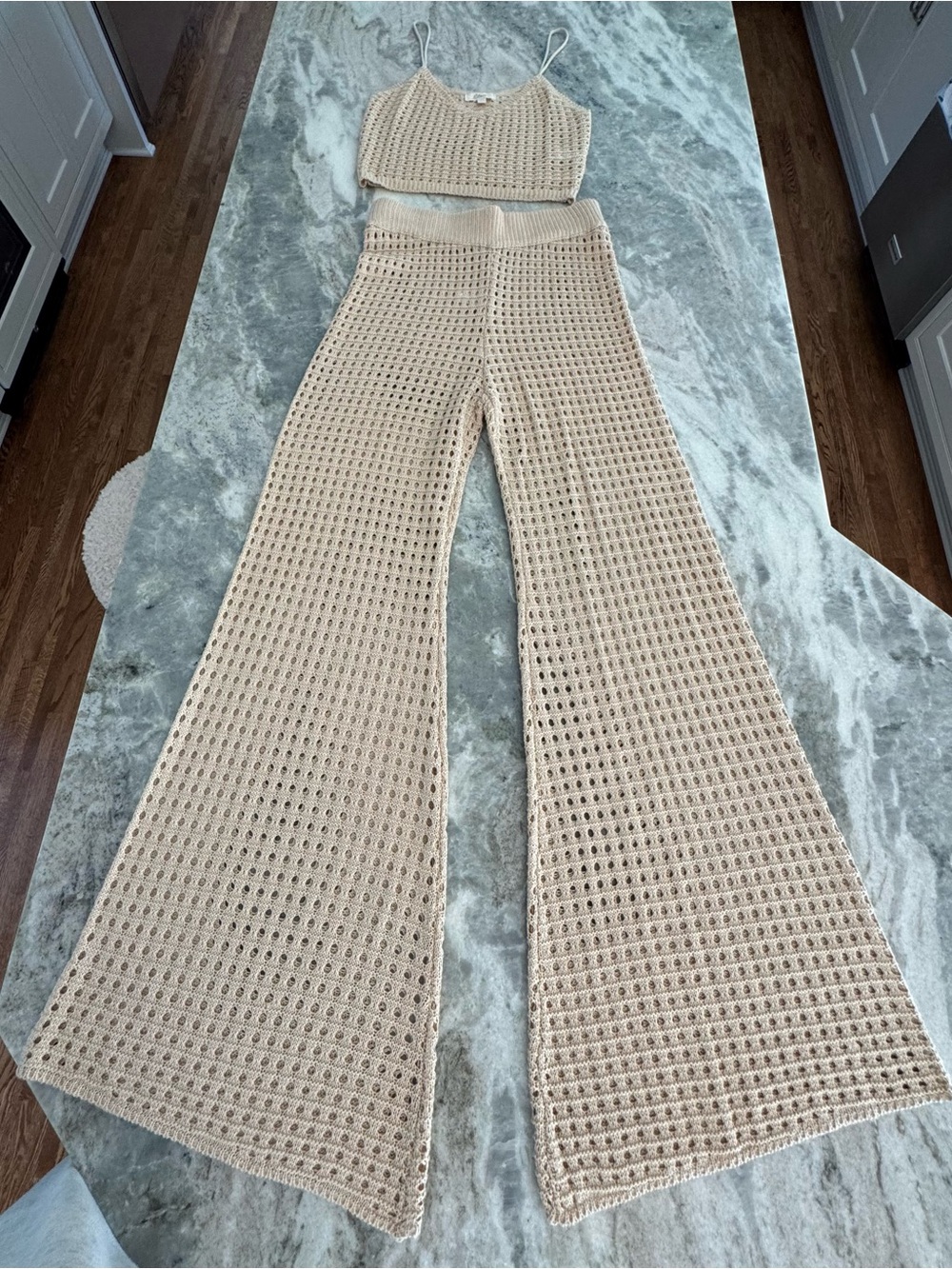 Elan Beige Crochet Cami & Wide-Leg Knit Pant Set
